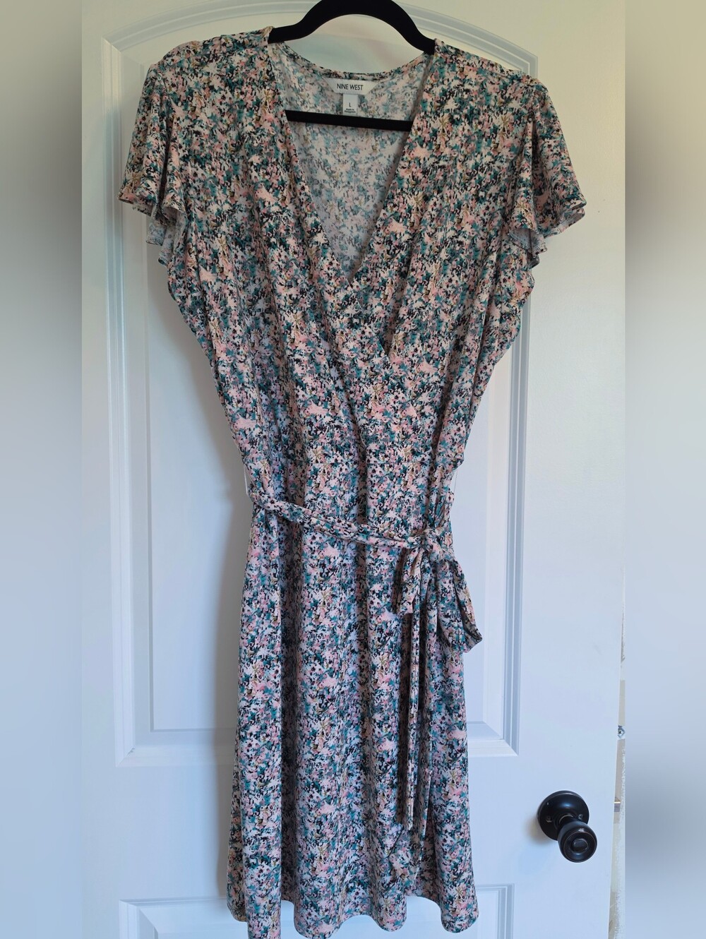 Nine West Floral Wrap Mini Dress in Pink and Green